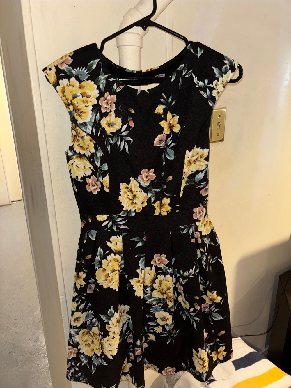 Black Floral Fit-and-Flare Dress with Yellow Blooms
